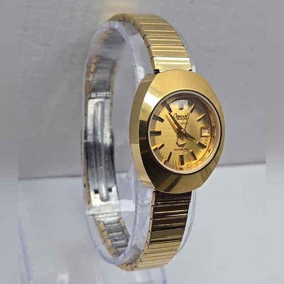 Womens Vintage Ogival 10 Micron 18k Gold Pated Automatic Date Watch Runs UFO main image 3